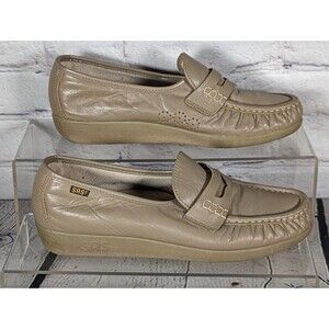 Womens SAS Classic Taupe Beige Leather Penny Loafers Size 9 Soft Step Heel